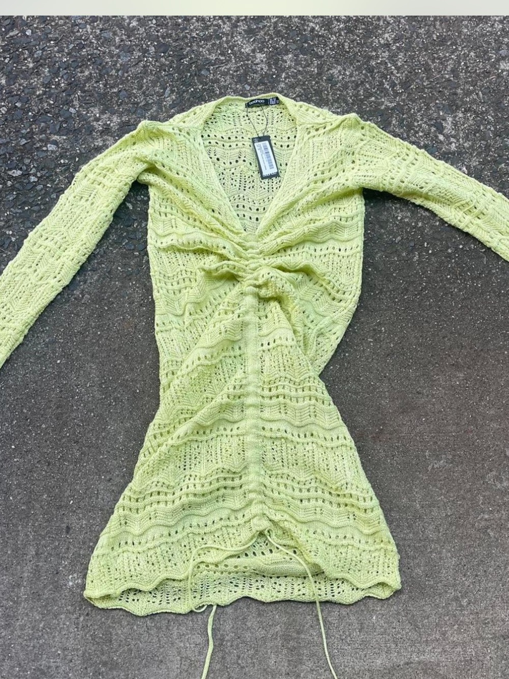 Green long sleeve crochet swimsuit coverup mini dress boohoo cute vacation vibes